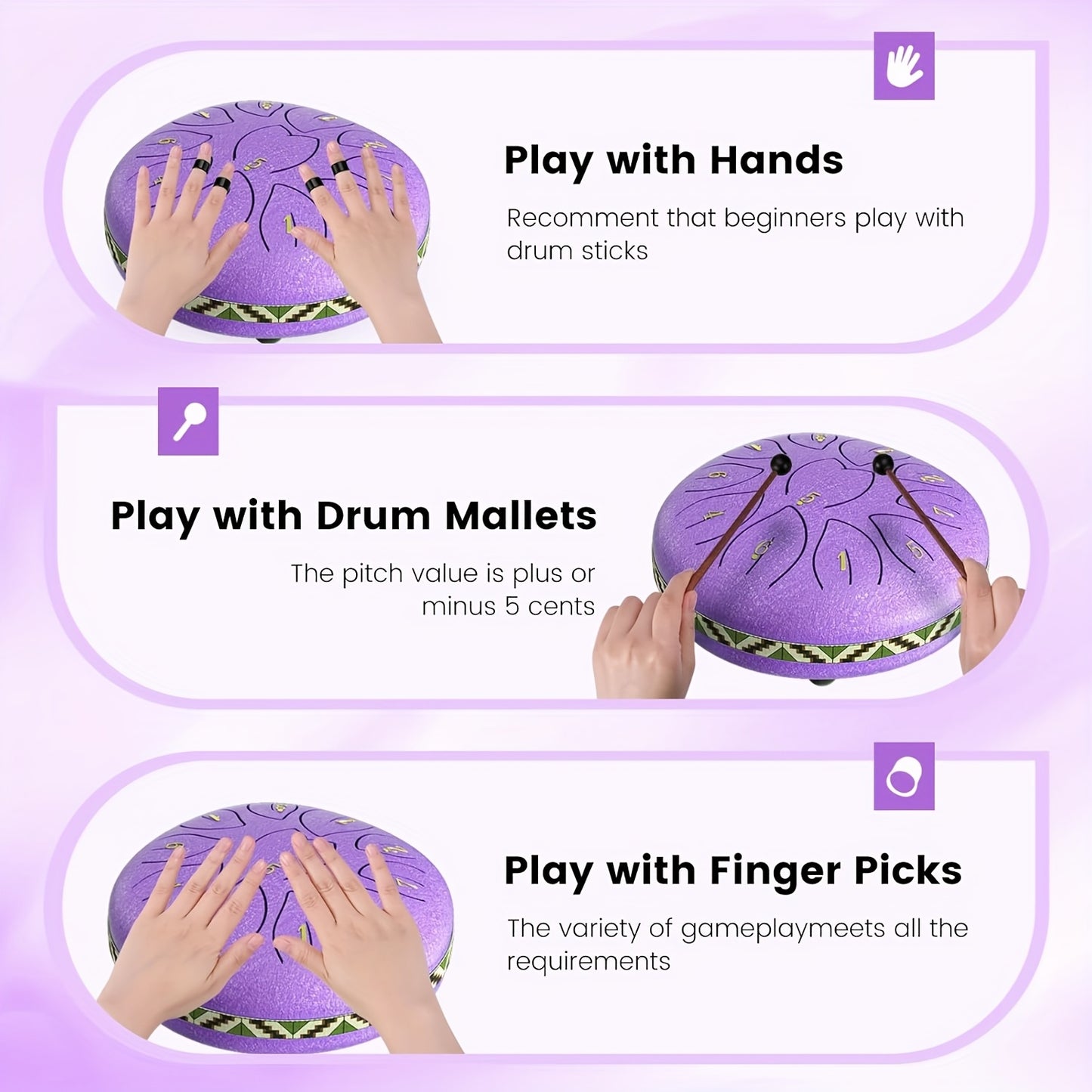 [Musical Instrument for Children&Adults] 6-Note,11-Note Steel Tongue Chakra Drum | 6-Inch (15.2cm) with Bag, Drum Mallets & Music Book | Outdoor Garden Rain Chime for Children&Adults