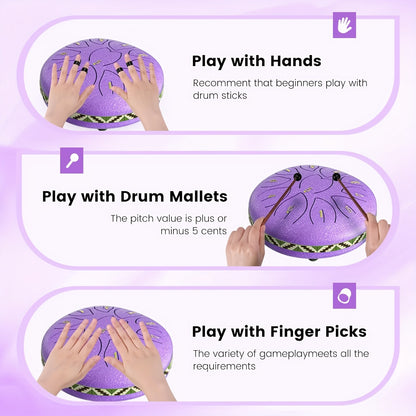 [Musical Instrument for Children&Adults] 6-Note,11-Note Steel Tongue Chakra Drum | 6-Inch (15.2cm) with Bag, Drum Mallets & Music Book | Outdoor Garden Rain Chime for Children&Adults
