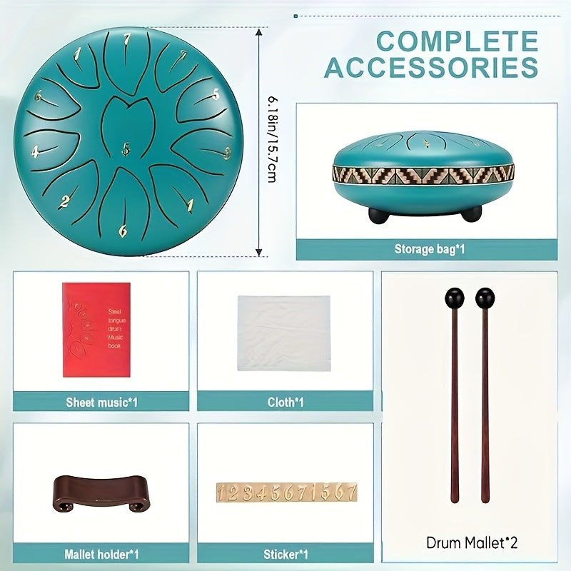 [Musical Instrument for Children&Adults] 6-Note,11-Note Steel Tongue Chakra Drum | 6-Inch (15.2cm) with Bag, Drum Mallets & Music Book | Outdoor Garden Rain Chime for Children&Adults