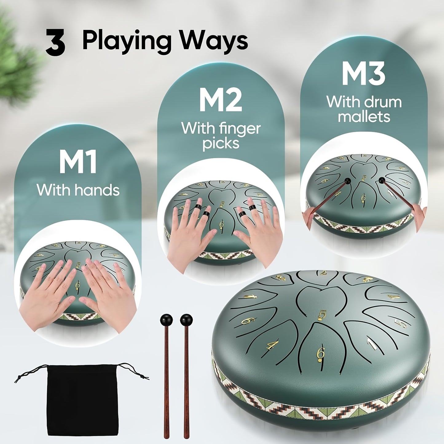 [Musical Instrument for Children&Adults] 6-Note,11-Note Steel Tongue Chakra Drum | 6-Inch (15.2cm) with Bag, Drum Mallets & Music Book | Outdoor Garden Rain Chime for Children&Adults