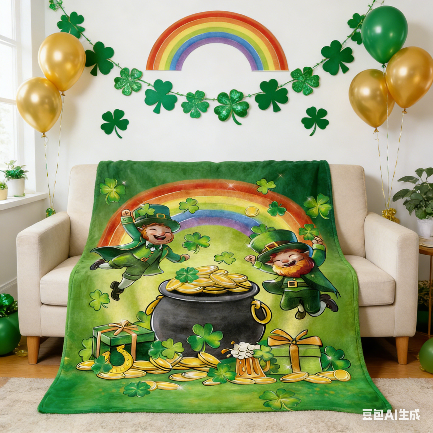 GiftoLuck Warm Cozy Vibrant St. Patrick's Day Flannel Blanket Featuring Irish Leprechauns, Pot of Gold, Shamrocks & Rainbow, Festive Home Decor for UK & Irish Celebrations, Bringing Good Fortune & Joy to Family Homes
