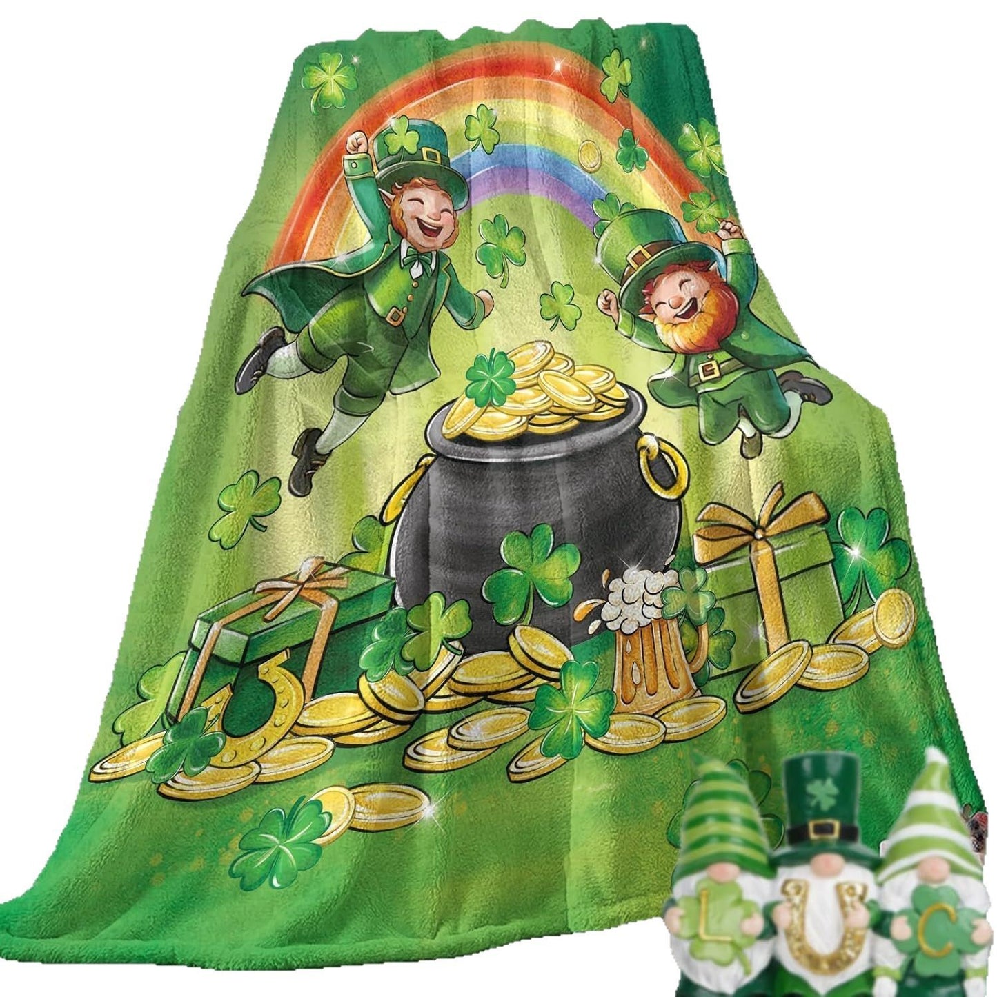 GiftoLuck Warm Cozy Vibrant St. Patrick's Day Flannel Blanket Featuring Irish Leprechauns, Pot of Gold, Shamrocks & Rainbow, Festive Home Decor for UK & Irish Celebrations, Bringing Good Fortune & Joy to Family Homes