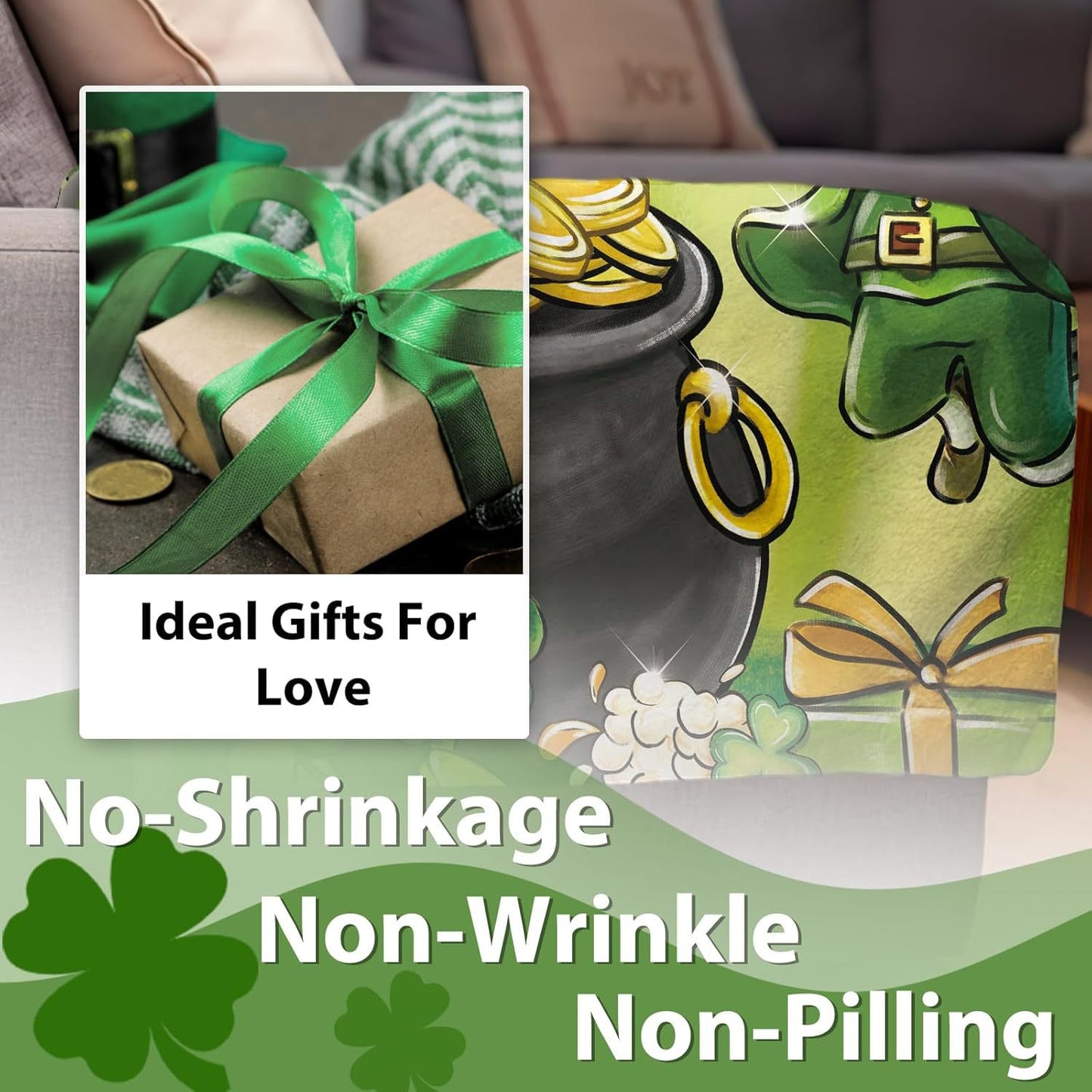 GiftoLuck Warm Cozy Vibrant St. Patrick's Day Flannel Blanket Featuring Irish Leprechauns, Pot of Gold, Shamrocks & Rainbow, Festive Home Decor for UK & Irish Celebrations, Bringing Good Fortune & Joy to Family Homes