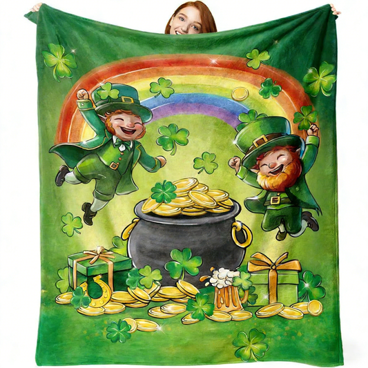 GiftoLuck Warm Cozy Vibrant St. Patrick's Day Flannel Blanket Featuring Irish Leprechauns, Pot of Gold, Shamrocks & Rainbow, Festive Home Decor for UK & Irish Celebrations, Bringing Good Fortune & Joy to Family Homes