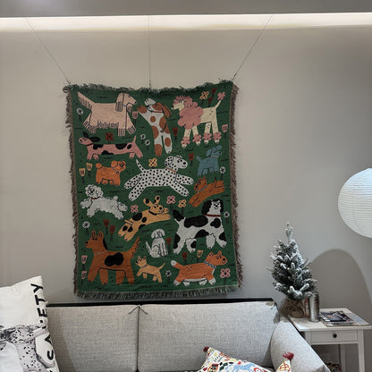 GiftoLuck Vintage Dog Park Jacquard Woven Tapestry Throw Blanket with Tassels