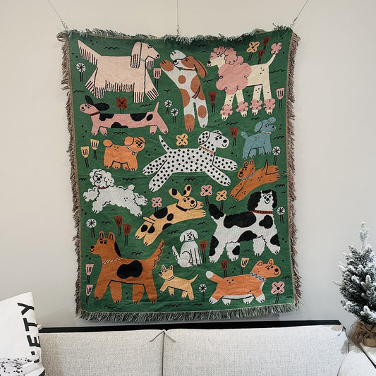 GiftoLuck Vintage Dog Park Jacquard Woven Tapestry Throw Blanket with Tassels