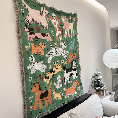 GiftoLuck Vintage Dog Park Jacquard Woven Tapestry Throw Blanket with Tassels