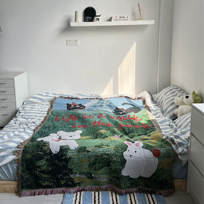 GiftoLuck Vintage Dog Park Jacquard Woven Tapestry Throw Blanket with Tassels
