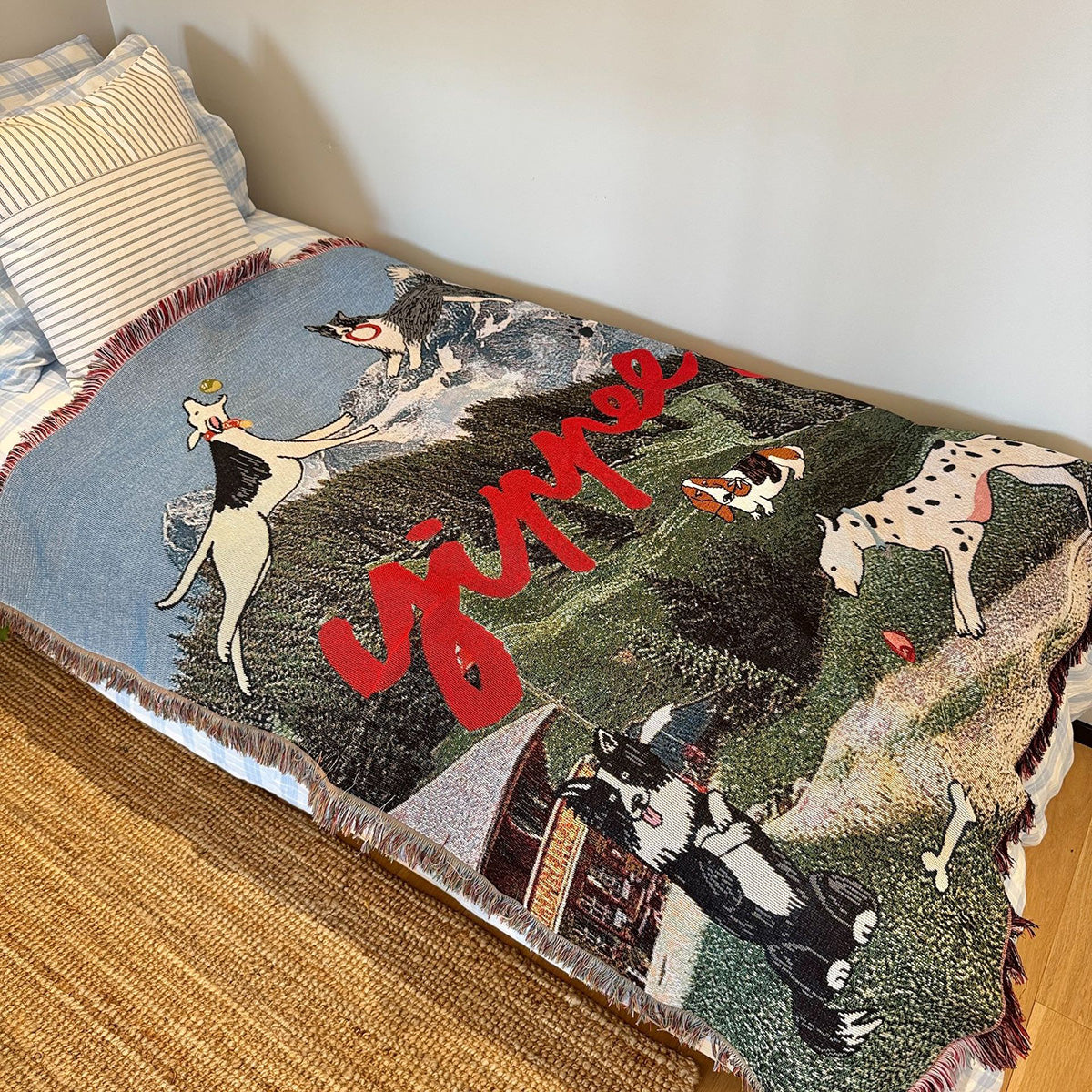 GiftoLuck Vintage Dog Park Jacquard Woven Tapestry Throw Blanket with Tassels