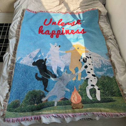 GiftoLuck Vintage Dog Park Jacquard Woven Tapestry Throw Blanket with Tassels