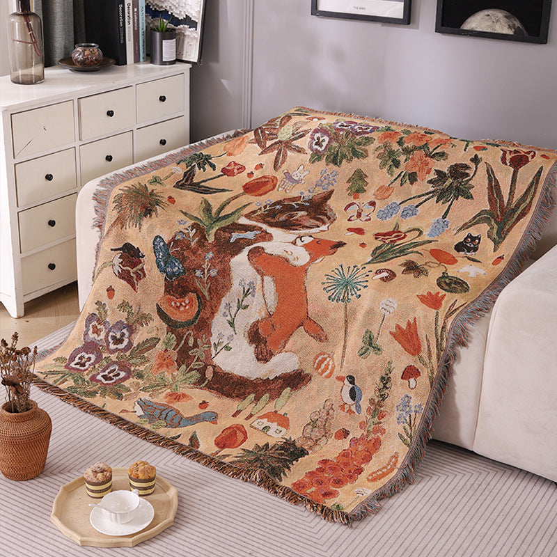 GiftoLuck Cat Hugging Bear Jacquard Woven Tapestry Sofa Throw Blanket with Tassels