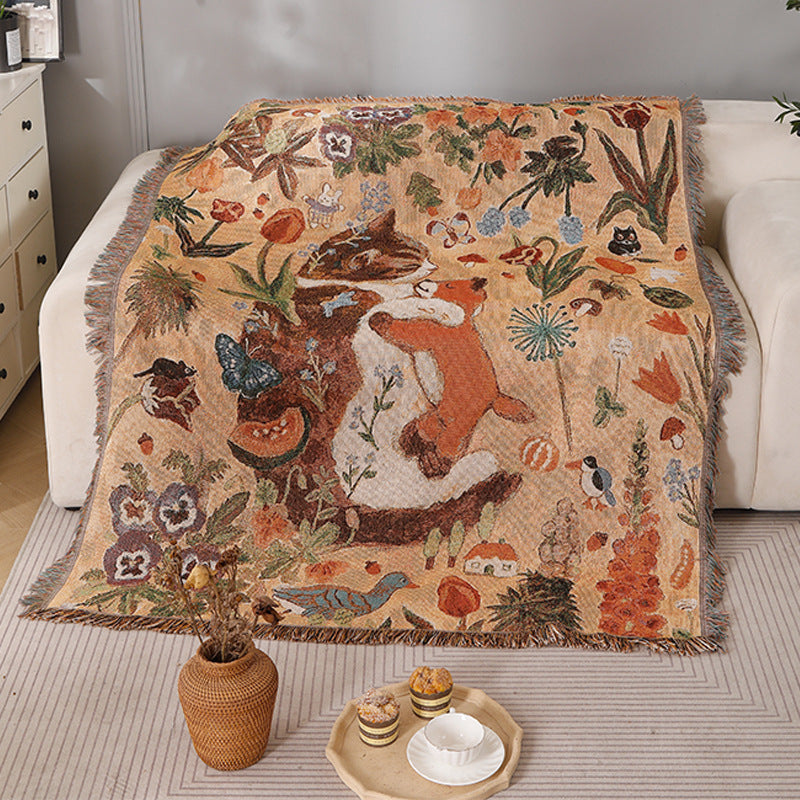 GiftoLuck Cat Hugging Bear Jacquard Woven Tapestry Sofa Throw Blanket with Tassels