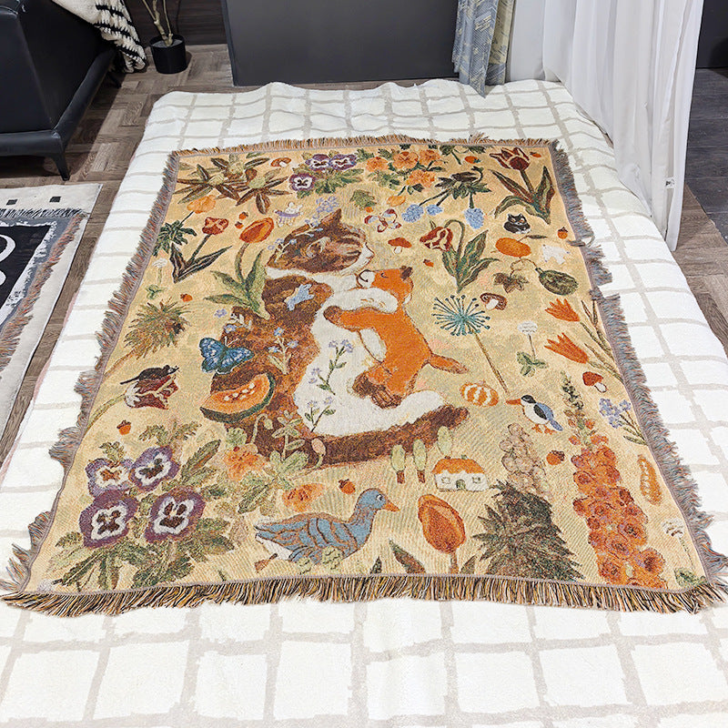 GiftoLuck Cat Hugging Bear Jacquard Woven Tapestry Sofa Throw Blanket with Tassels