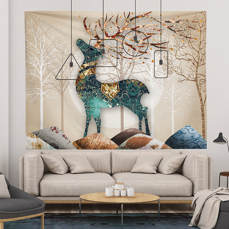 GiftoLuck Joyful Elephants & Deer Wall Tapestry, Bedroom Headboard Wall Decor, Universal Background Cloth, Fabric Art Poster for Room Decoration