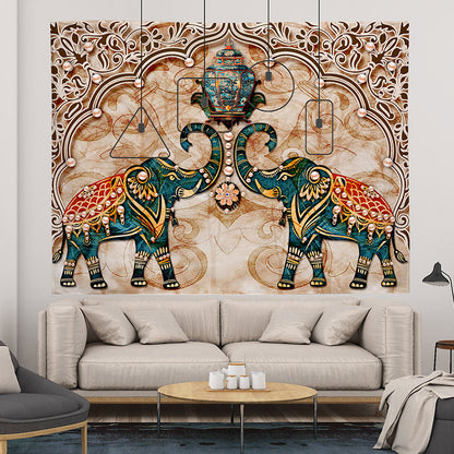 GiftoLuck Joyful Elephants & Deer Wall Tapestry, Bedroom Headboard Wall Decor, Universal Background Cloth, Fabric Art Poster for Room Decoration