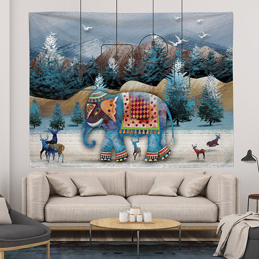 GiftoLuck Joyful Elephants & Deer Wall Tapestry, Bedroom Headboard Wall Decor, Universal Background Cloth, Fabric Art Poster for Room Decoration