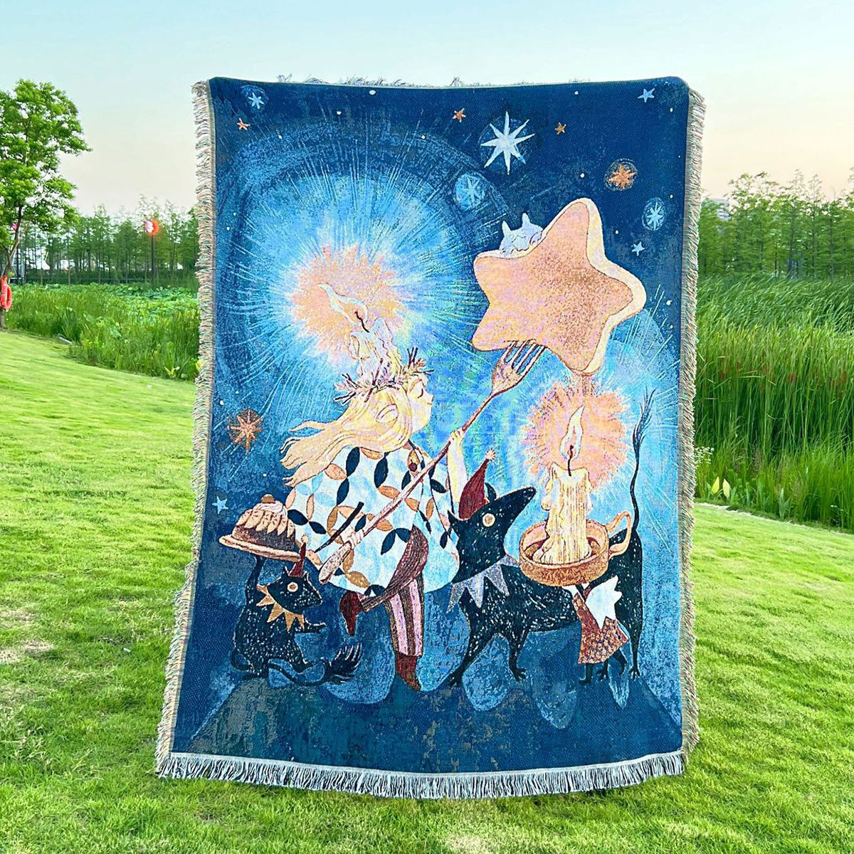GiftoLuck Candle Girl Serene Fringe Tapestry Multi-Use Throw Blanket for Single Sofa, Bed & Outdoor Camping, Soft Decorative Gift Blanket for Home Bedroom Living Room