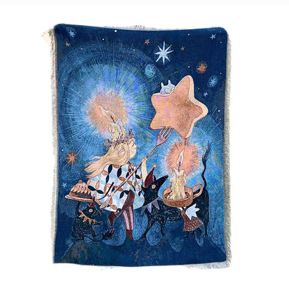 GiftoLuck Candle Girl Serene Fringe Tapestry Multi-Use Throw Blanket for Single Sofa, Bed & Outdoor Camping, Soft Decorative Gift Blanket for Home Bedroom Living Room