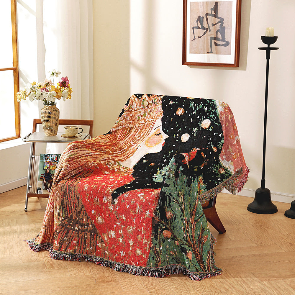 GiftoLuck Illustrated Jacquard Throw Blanket – Sofa Cover, Dust-Proof Tapestry, Casual Nap & Living Room Blanket