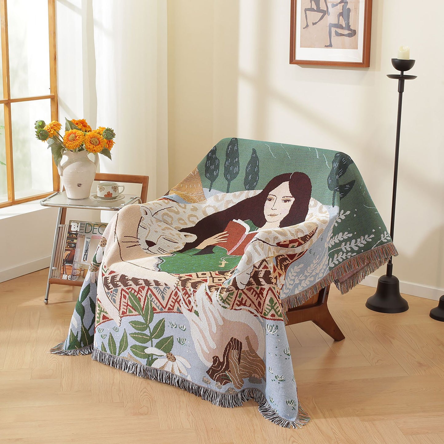 GiftoLuck Pink Hawaiian Leopard Jacquard Woven Tapestry Throw Blanket with Tassels