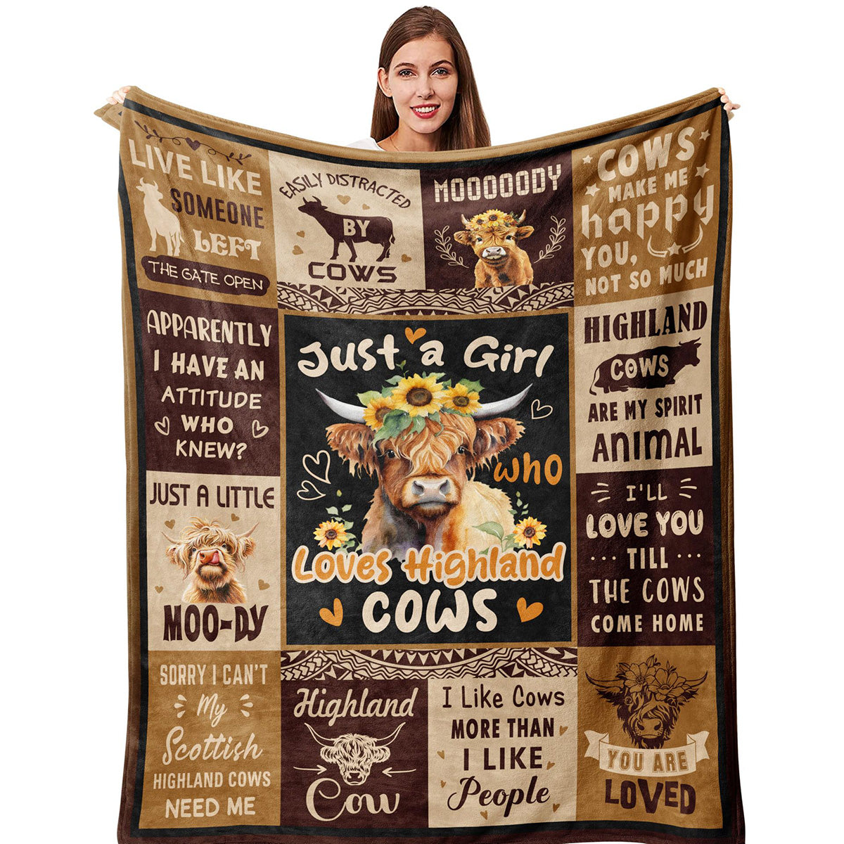 🐂【Highland Cow Series】Cute Bowknot Highland Cow Print Flannel Blanket Soft Warm Multi-purpose Gift Blanket For All Seasons