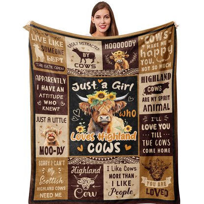 🐂【Highland Cow Series】Cute Bowknot Highland Cow Print Flannel Blanket Soft Warm Multi-purpose Gift Blanket For All Seasons