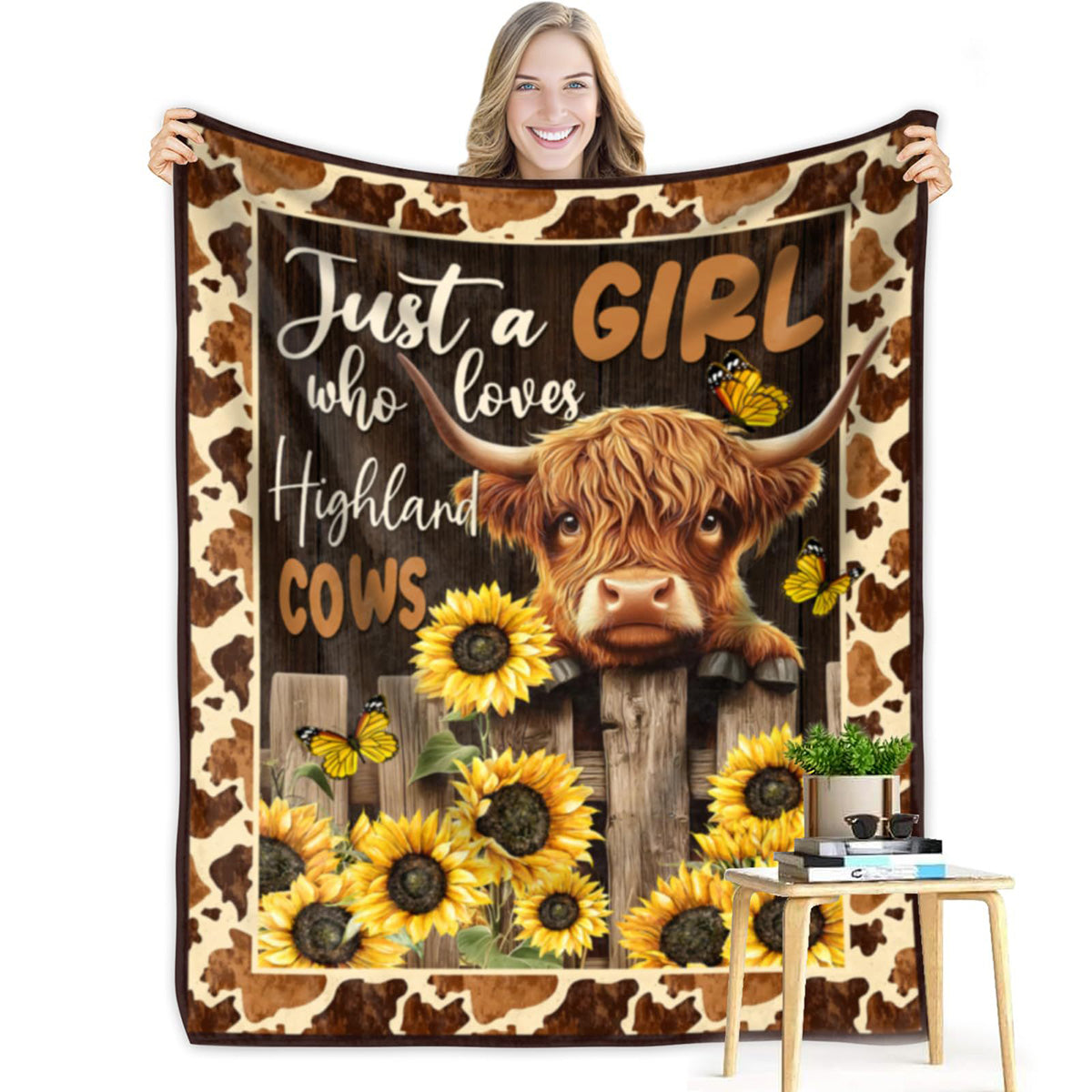 Just A  Girl Who Loves Highland Cow Print Flannel Blanket Soft Warm Multi-purpose Gift Throw Blanket For Sofa, Living Room,Bedroom All Seasons