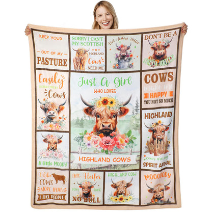 Just A  Girl Who Loves Highland Cow Print Flannel Blanket Soft Warm Multi-purpose Gift Throw Blanket For Sofa, Living Room,Bedroom All Seasons
