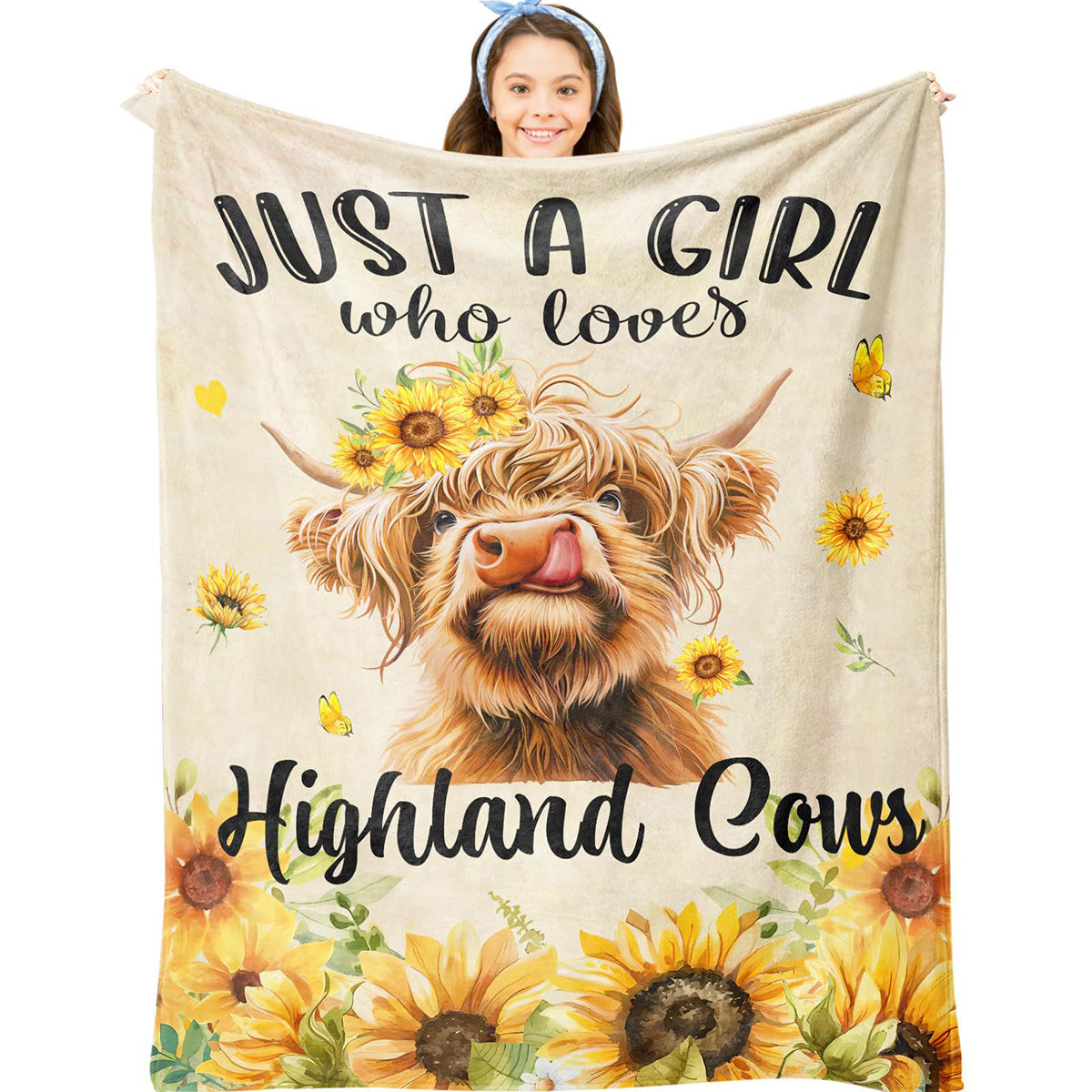 Just A  Girl Who Loves Highland Cow Print Flannel Blanket Soft Warm Multi-purpose Gift Throw Blanket For Sofa, Living Room,Bedroom All Seasons