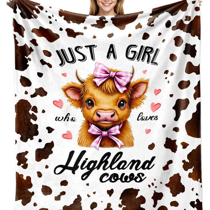 Just A  Girl Who Loves Highland Cow Print Flannel Blanket Soft Warm Multi-purpose Gift Throw Blanket For Sofa, Living Room,Bedroom All Seasons