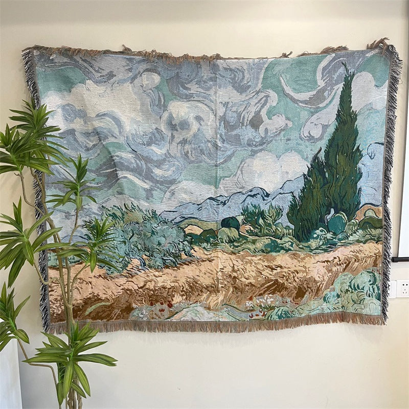 GifitoLuck Van Gogh Art Tapestry Knitted Fringe Tassel Sofa Throw Blanket