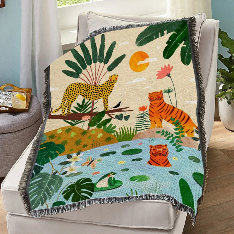 GiftoLuck Jungle Leopard Jacquard Woven Sofa Blanket, Living Room Decor Tapestry, Cozy Nap Throw Blanket, Sofa Cover Blanket & Outdoor Picnic Blanket