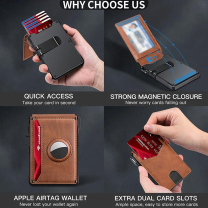 GiftoLuck Men's Minimalist Bifold Wallet: AirTag Compartment, RFID Blocking, Pop-Up 12-Card & Cash Holder