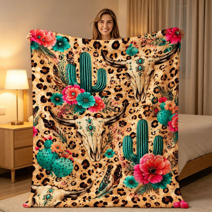 Aonana Western Boho Cow Skull Cactus Flannel Throw Blanket