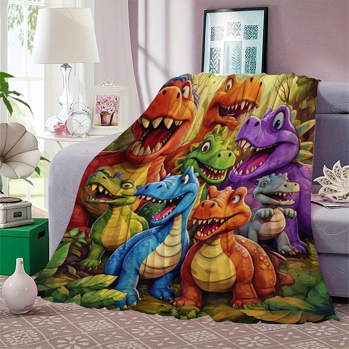 Aonana Cartoon Dinosaur Printed Flannel Blanket
