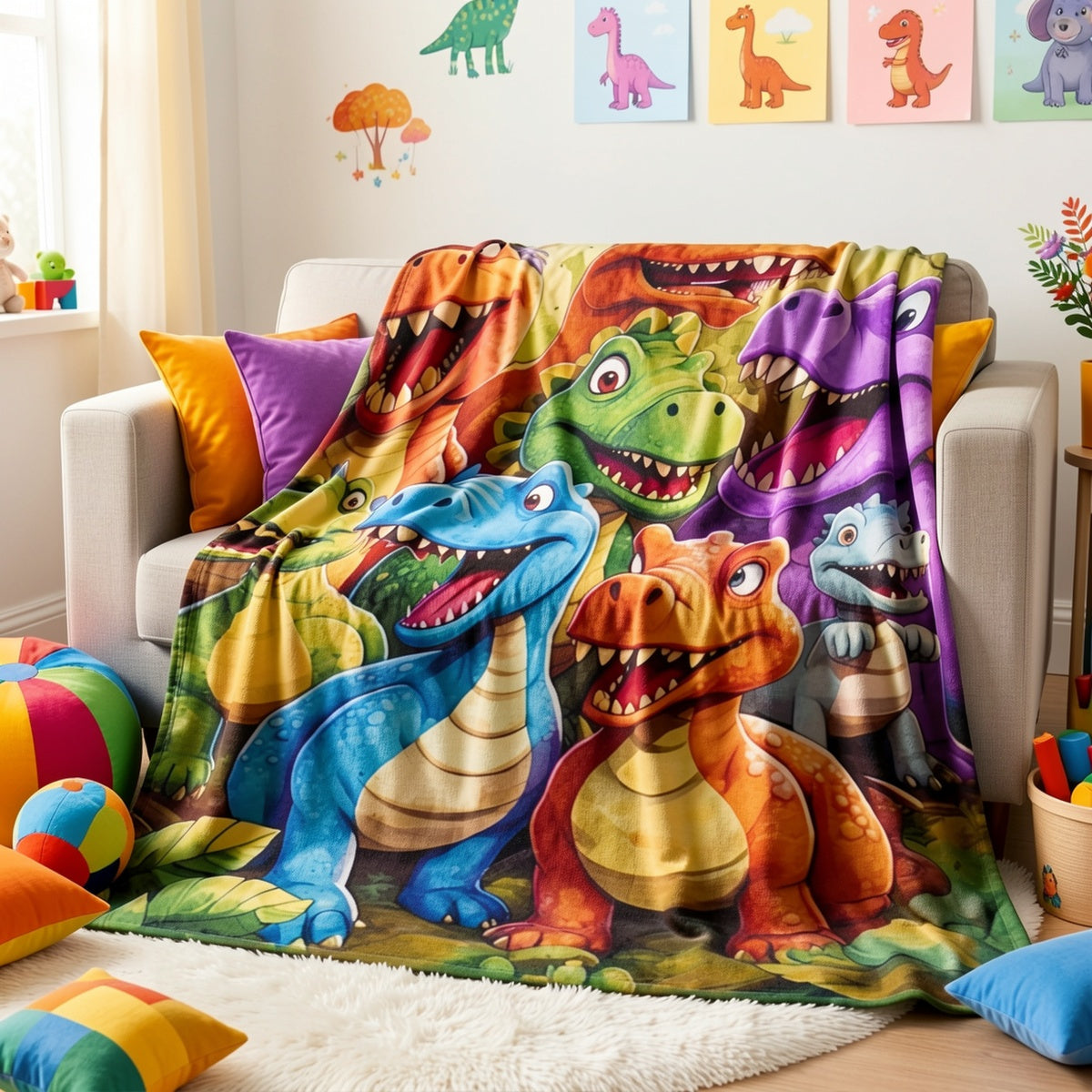 Aonana Cartoon Dinosaur Printed Flannel Blanket