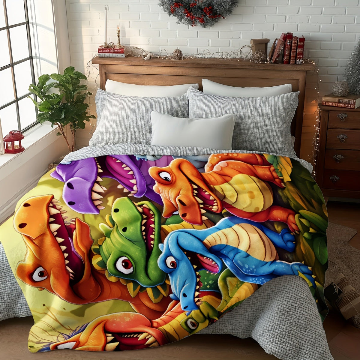 Aonana Cartoon Dinosaur Printed Flannel Blanket