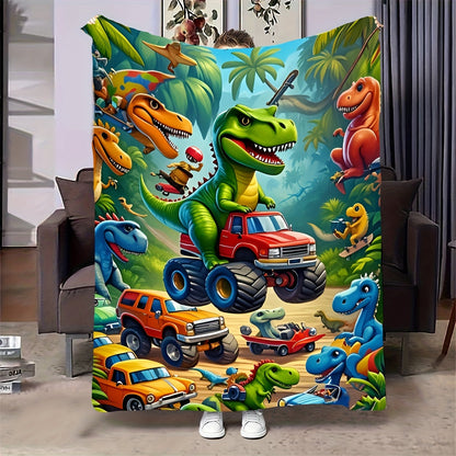 Aonana Dinosaur & Monster Truck Cozy Flannel Throw Blanket