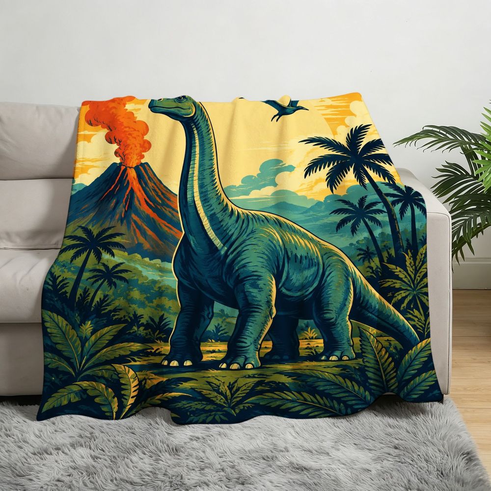 Aonana Dinosaur & Volcano Cozy Flannel Throw Blanket