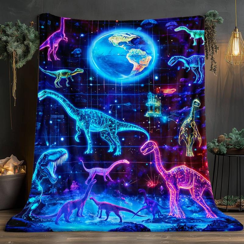 Aonana Digital Space Dinosaur Print Flannel Blanket