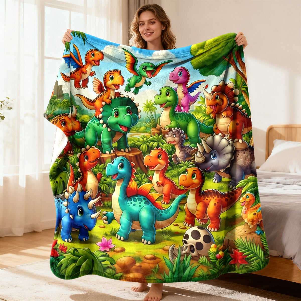 Aonana Cute Dinosaur Jungle Print Flannel Blanket
