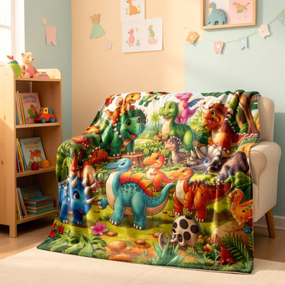 Aonana Cute Dinosaur Jungle Print Flannel Blanket