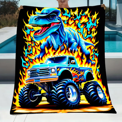 Aonana Blue Dinosaur Monster Truck Flannel Throw Blanket
