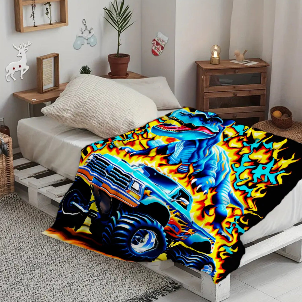 Aonana Blue Dinosaur Monster Truck Flannel Throw Blanket