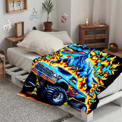 Aonana Blue Dinosaur Monster Truck Flannel Throw Blanket