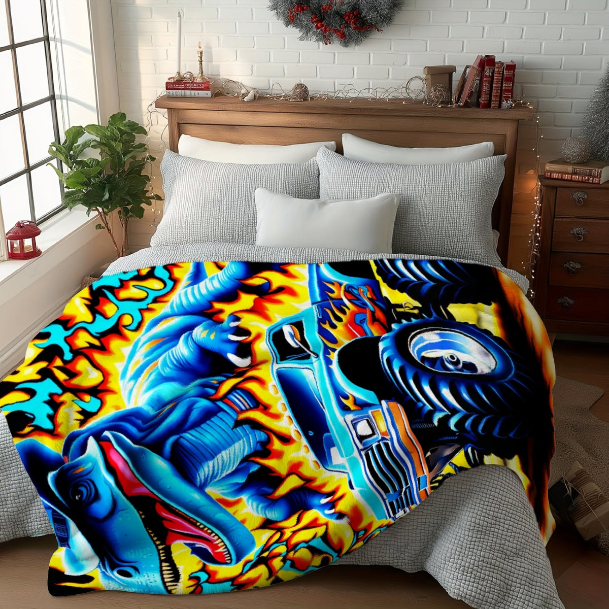 Aonana Blue Dinosaur Monster Truck Flannel Throw Blanket