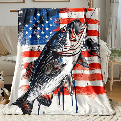 Aonana American Flag Bass Fishing Flannel Throw Blanket