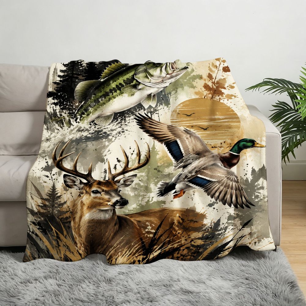 Aonana Go Fishing Bass Deer Flannel Throw Blanket