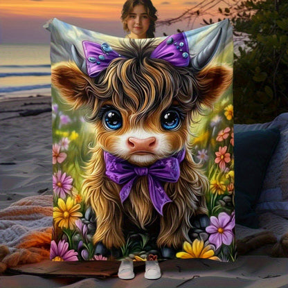 Aonana Cute Highland Cow with Purple Bow Flannel Blanket