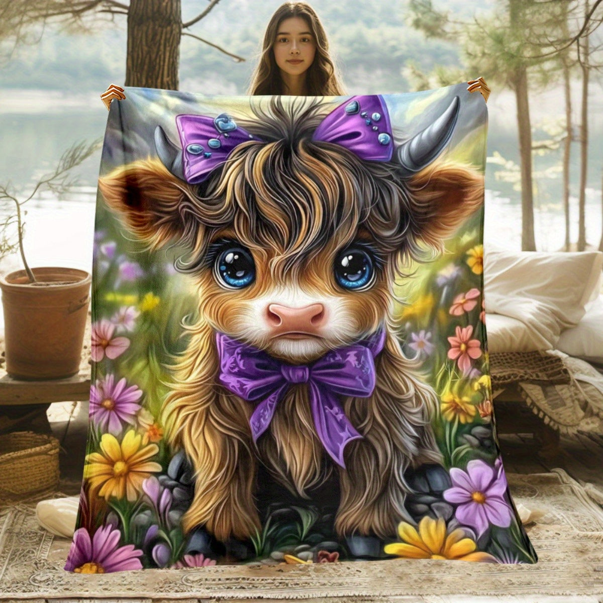Aonana Cute Highland Cow with Purple Bow Flannel Blanket